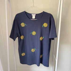 Vintage Embroidered Daisy Navy T-shirt L
